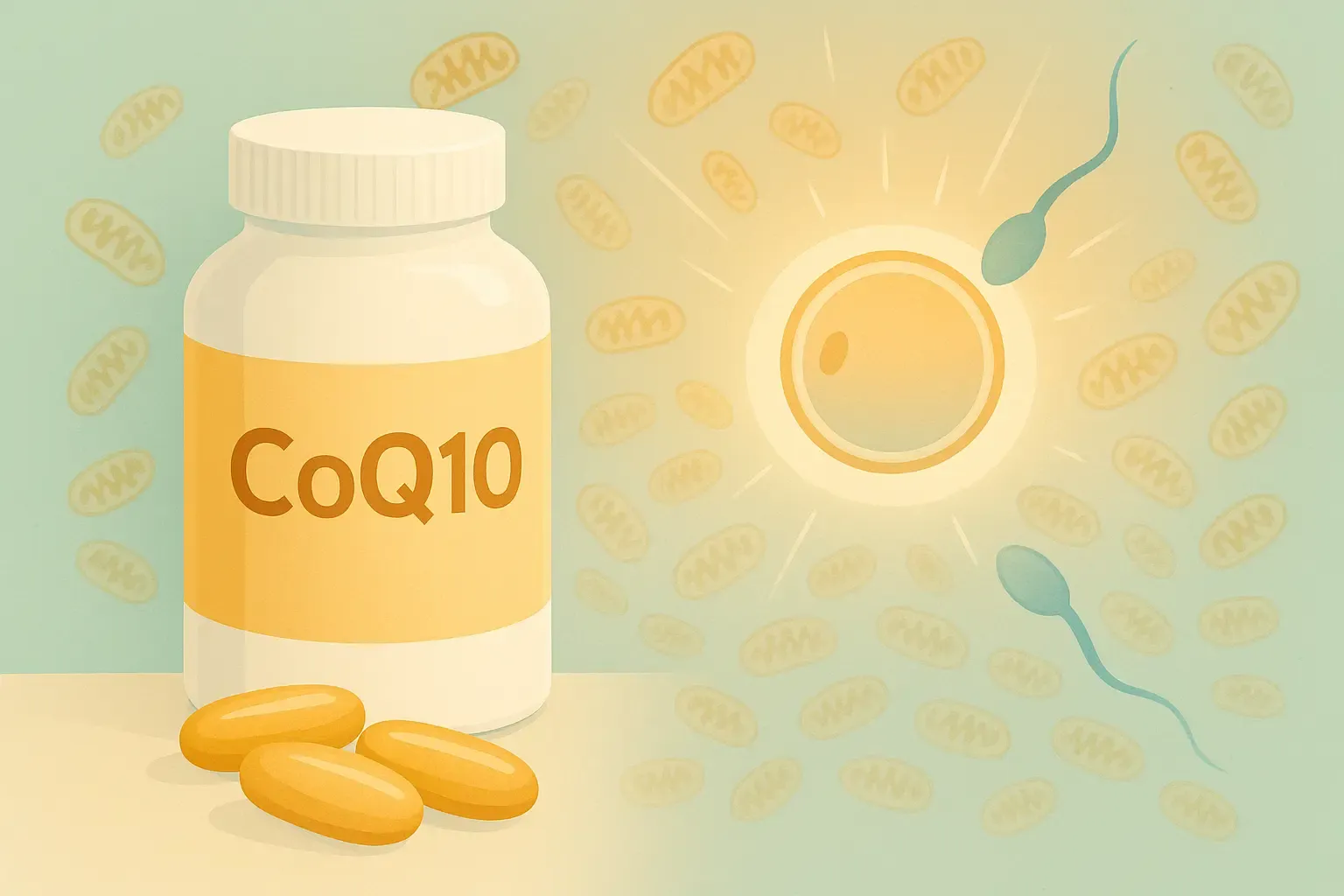 CoQ10 supplement capsules in the foreground with a subtle background depicting healthy egg and sperm cells