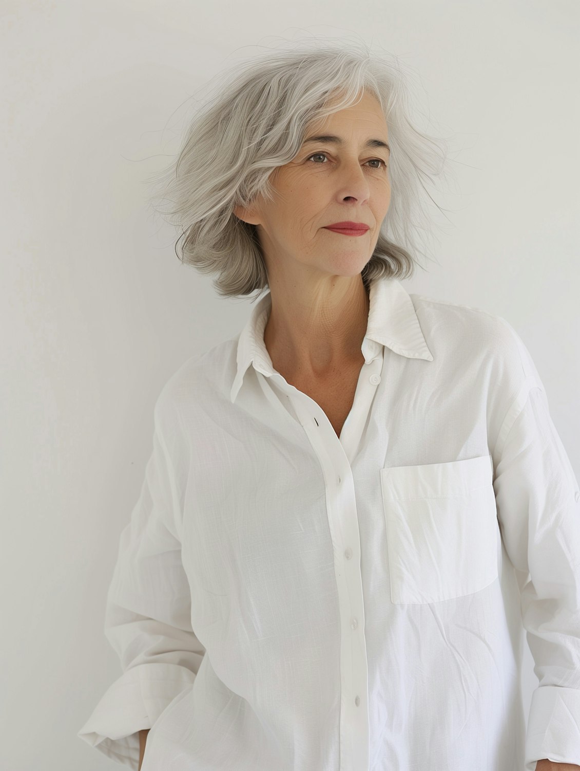 A woman in midlife, grey-haired and at ease