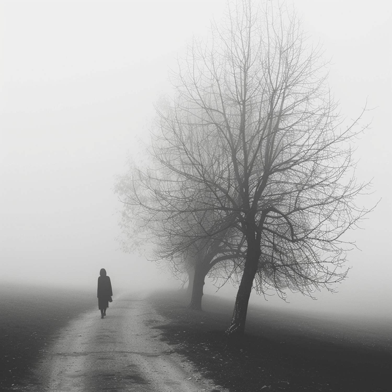 A lone figure walking a quiet tree-lined path
