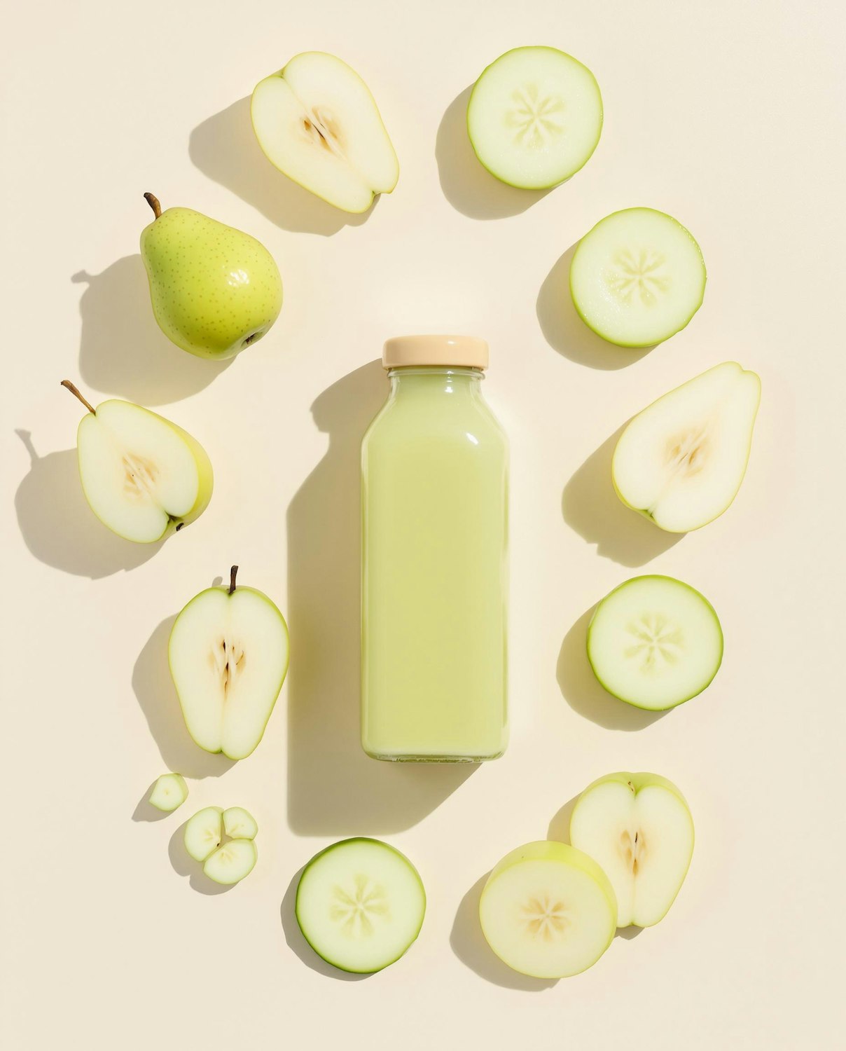 Fresh green vegetables and fruit arranged on a pale surface