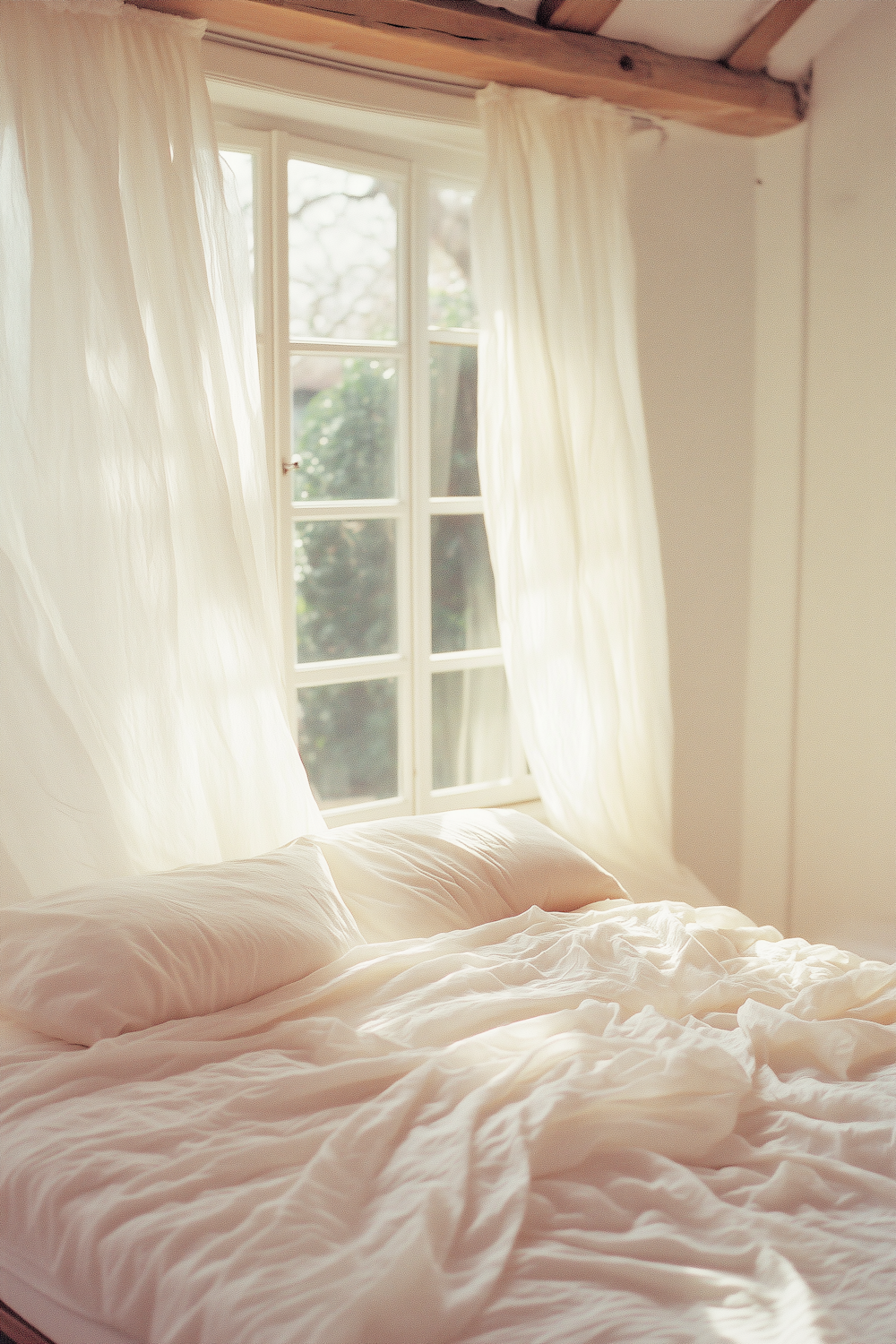 A bed with white linen in soft morning light