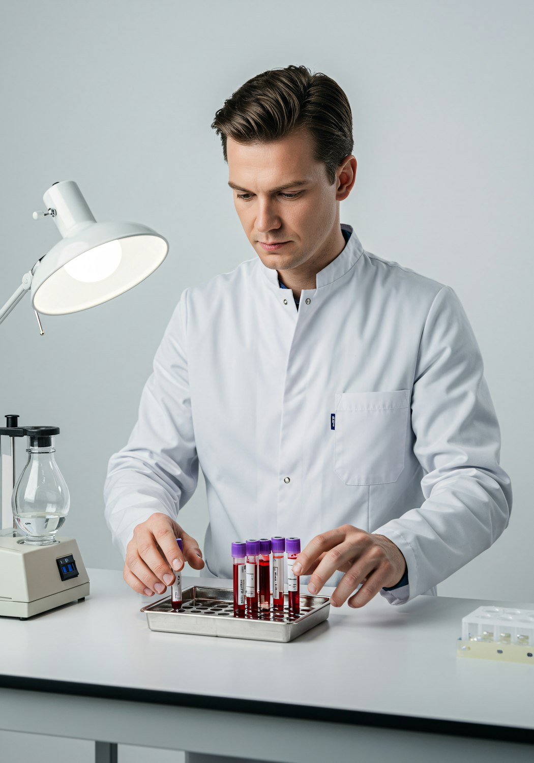 A technician handling blood sample vials in a laboratory